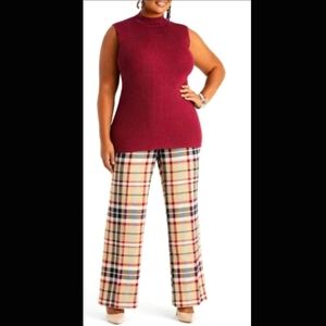 Ashley Stewart High Waist Wide Leg Tan Blue Wine Plaid Career Pants